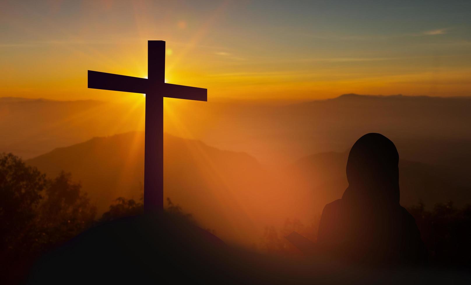 silhouette-of-woman-holding-a-bible-praying-in-front-of-the-cross-on-sunset-background-christian-prayer-of-the-lord-free-photo